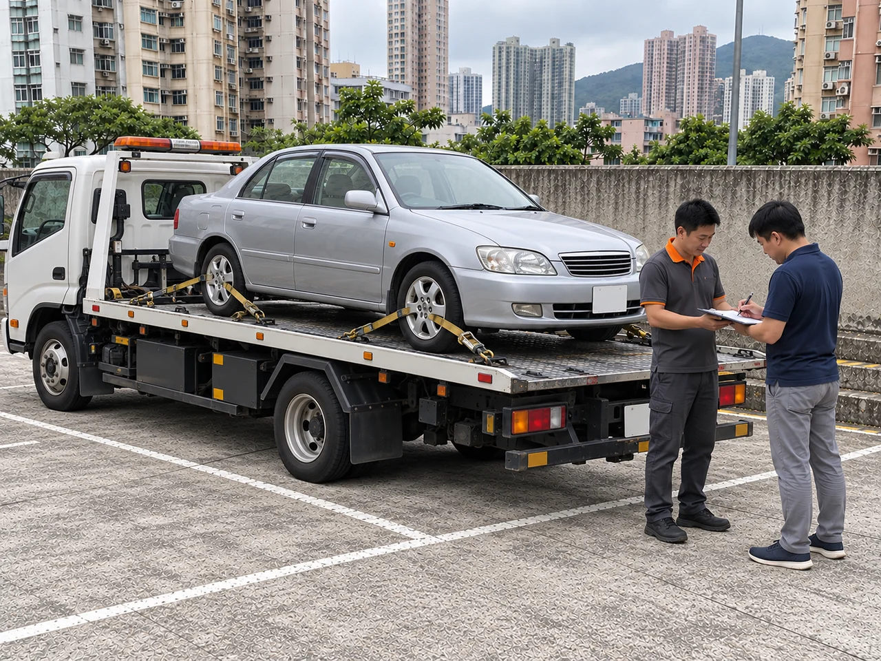 銀色舊車由拖車接走，工作人員與客戶在旁簽署交收文件